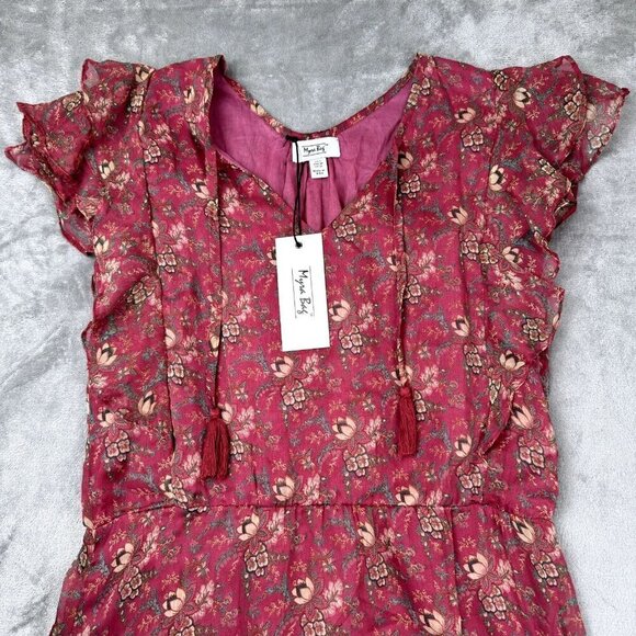 Myra Bag Women Small Mauve Dress Midi Flutter Sleeve Tassle Chiffon Floral Toggl - Picture 2 of 14